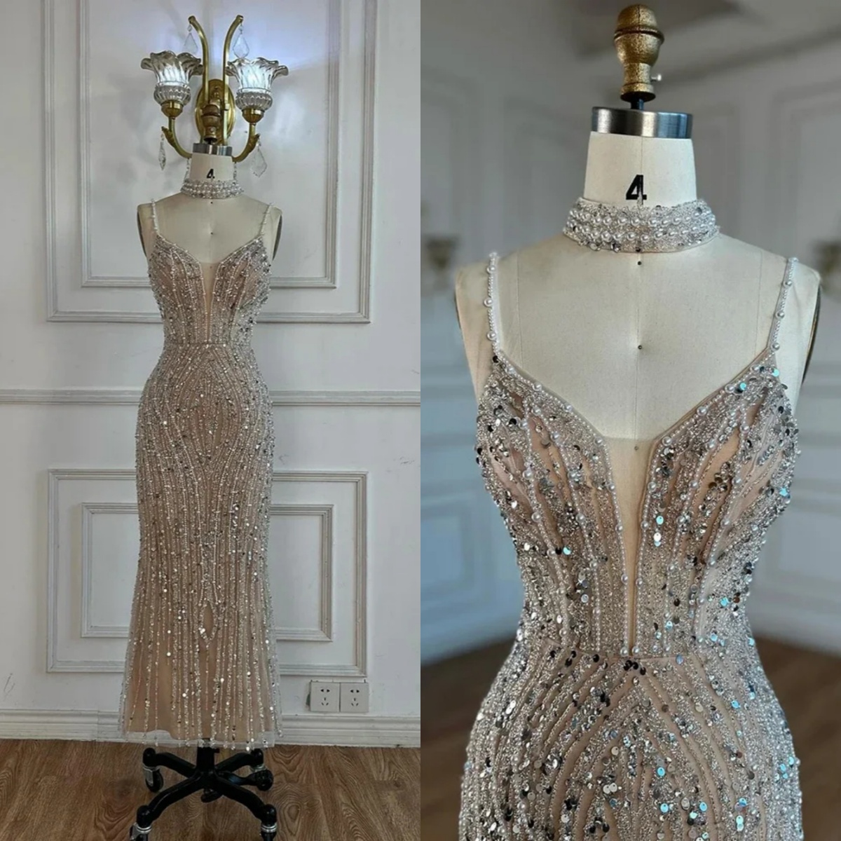 Modern Sequins Mermaid Evening Dress Beaded Pearls Spaghetti Strap Sleeveless Prom Gowns Floor Length Formal Dresses Customized