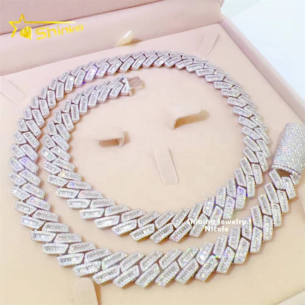 Fine Jewelry High Quality Bling 925 Silver 15mm Hip Hop Miami Iced Out Vvs Moissanite baguette Cuban Link Chain