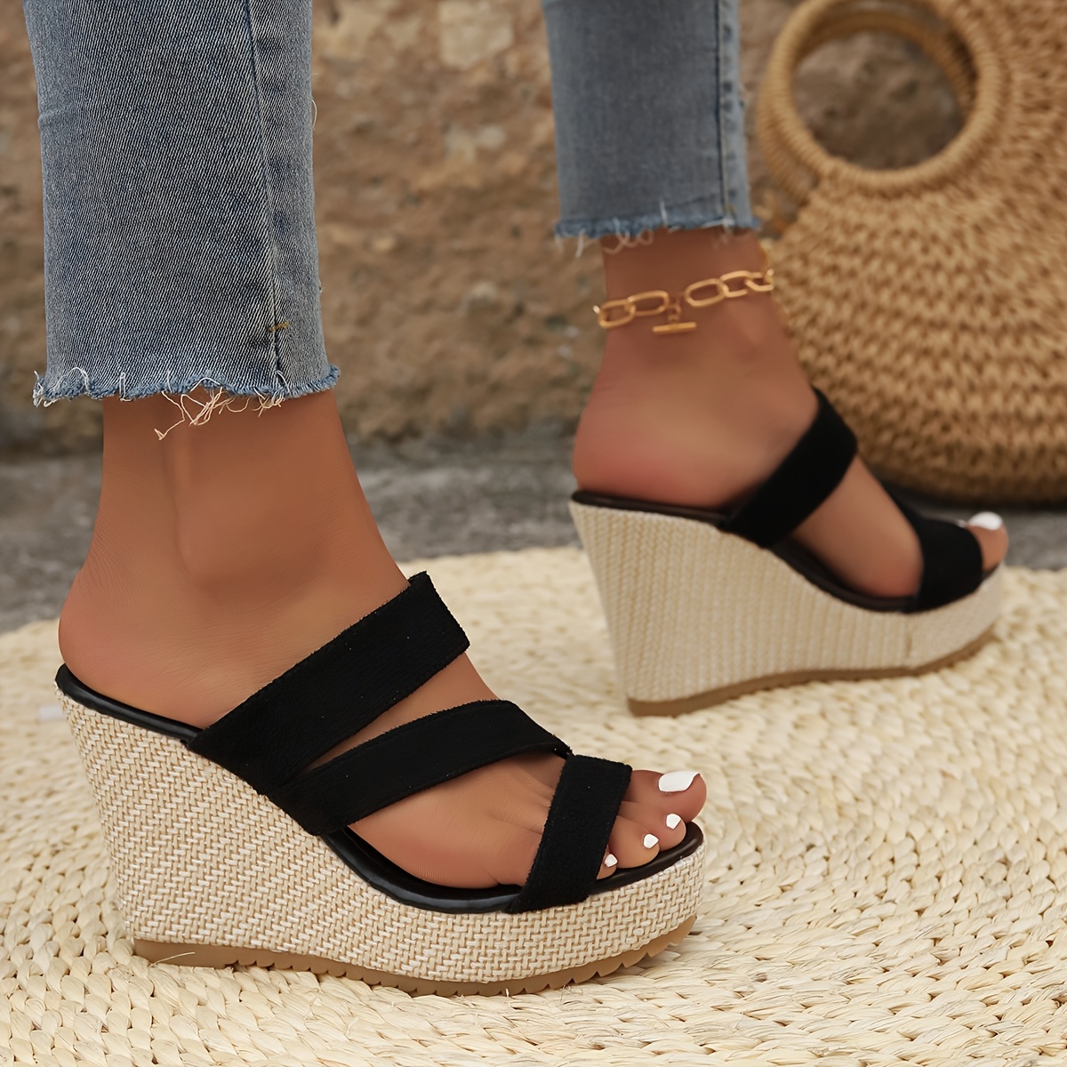 New linen fashion slope heel thick bottom one foot stirrup sandals