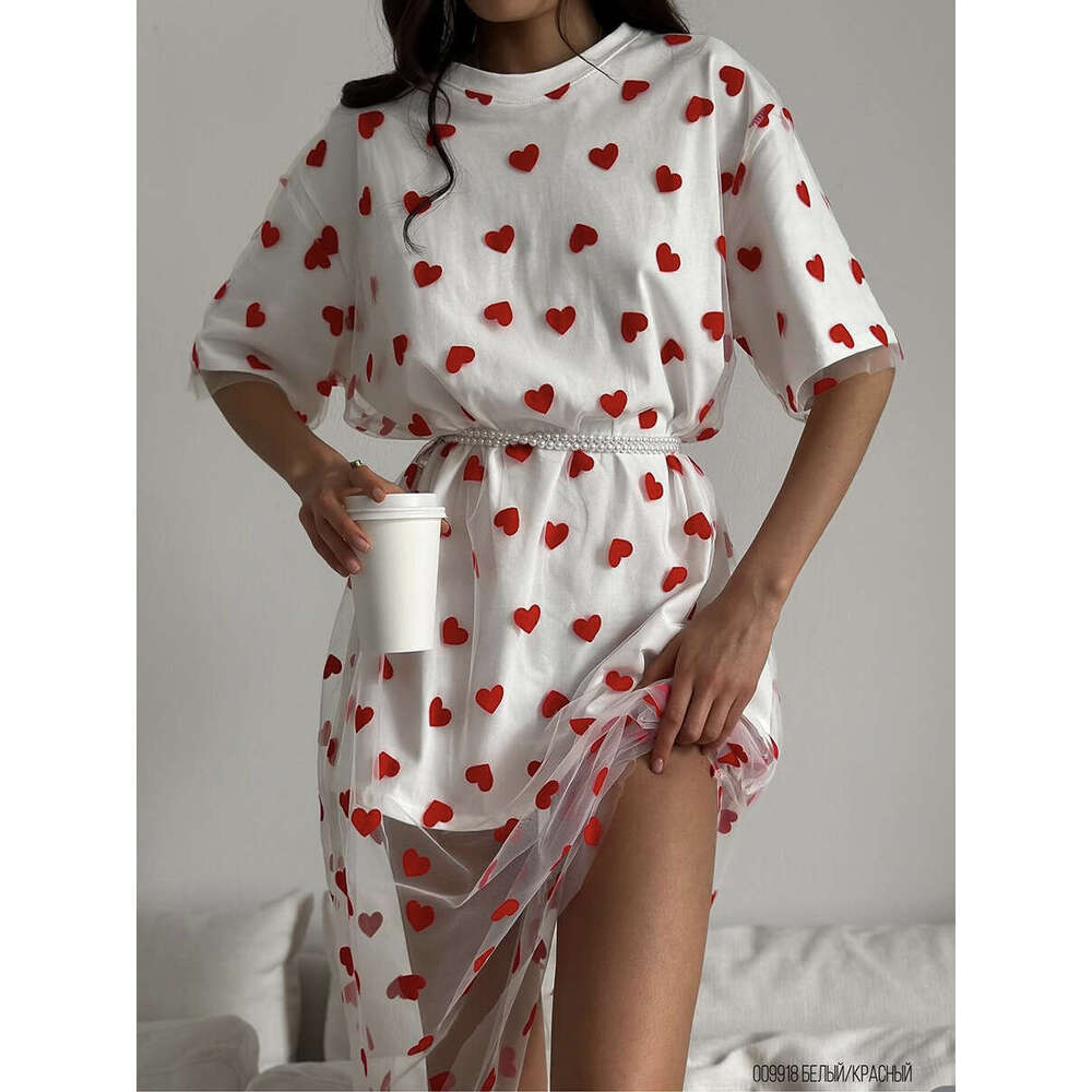 New Style Sexy Women's Long Heart Mesh Patchwork Loose Short Sleeve T-Shirt Dress B5