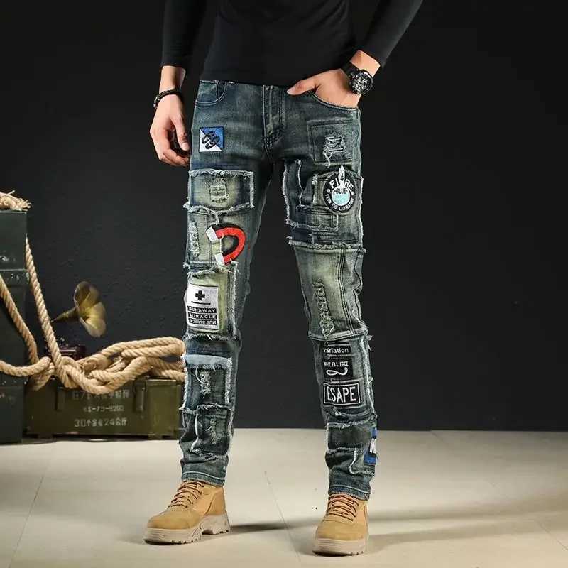 Male Cowboy Pants with Holes Trousers Torn Broken Punk Tapered Ripped Mens Jeans Washed Casual 2024 Trend Korean Autumn Goth Xs X250718