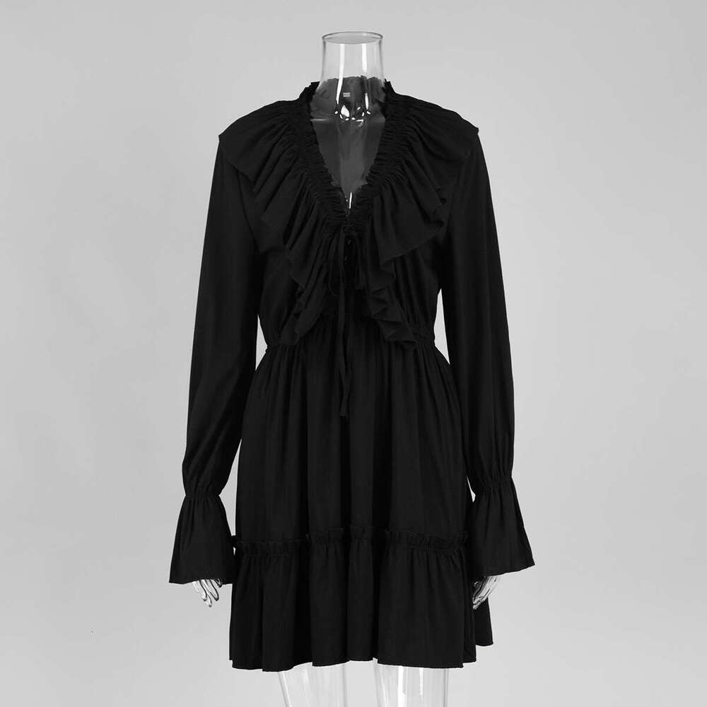 V-Neck For Women Spring Summer New Bell Sleeve Short Chiffon Dress B5