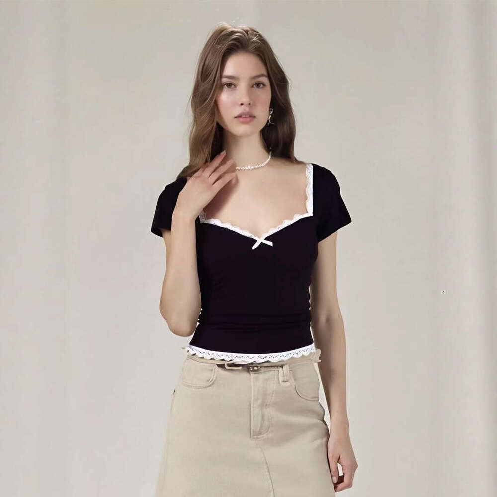 American Style Lace Square Neck Short Sleeve T-Shirt For Women Summer Slimming Versatile Basic Top B5 g7
