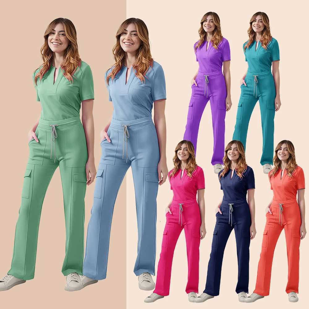 Medical Scrubs Uniform Women Nurse Scrub Set Pocket Top+Pants 2 Piece Suit Nursing Operating Room Clothes Beauty Salon Work Wear Z250718