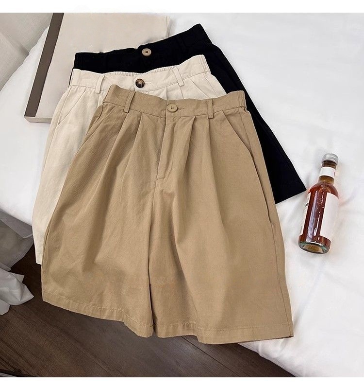 Cotton with Hemming American Style Suit for Women Summer Thin Loose Slimming Women's Pants Wide-Leg Five-Point Shorts