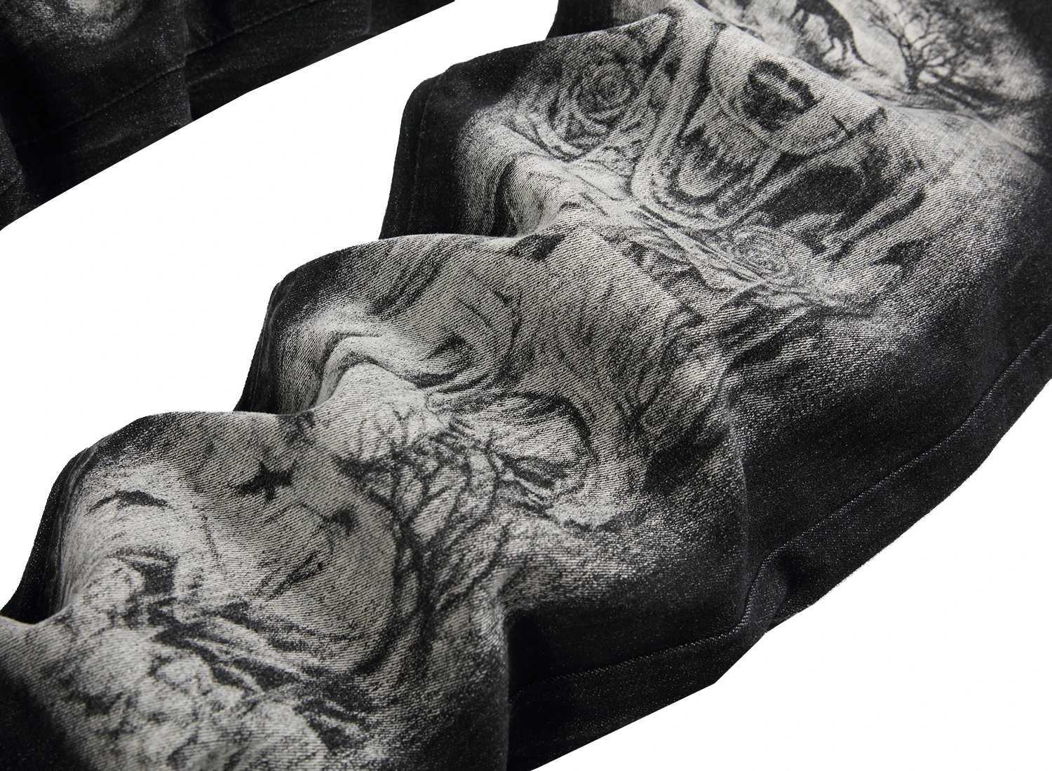 Mens Black Print Pants; Mens Print Wolf Head Pattern Jeans; Stretch Blue Jeans 90035 X250718