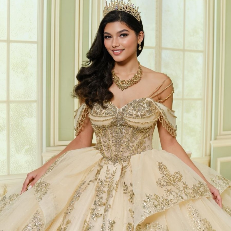 Champagne Shiny Quinceanera Dresses Ball Gown Off The Shoulder Sequin Applique Lace Bow Beading Tull Corset Party Birthday Sweet 16 Dress Vestidos 15 