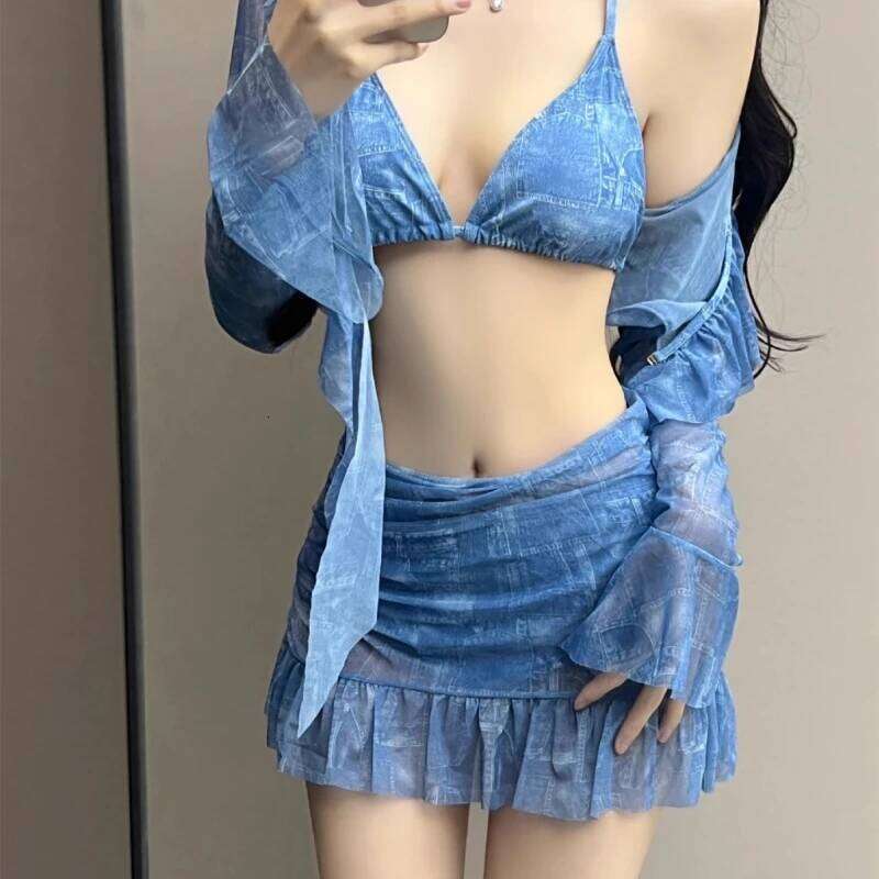 4 Pieces Swimsuit for Women Halters Swimming Long Sleeves Swimwear with Cover Up & Beach Skirt Summer Bathing Suit