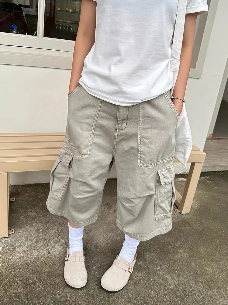 HOUZHOU Vintage Cargo Short Oversized Y2k Grunge Cropped Pants Wide Leg Hip Hop Style Streetwear Baggy Pockets Pant 250714