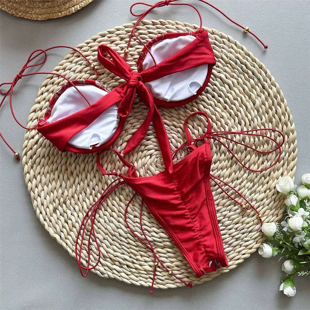 Red Flower Embroidery Swimwear String Bikini Micro Mini Thong Sexy Swimsuit Women 2025 Bathing Biquinis Brazilian Bikinis Sets
