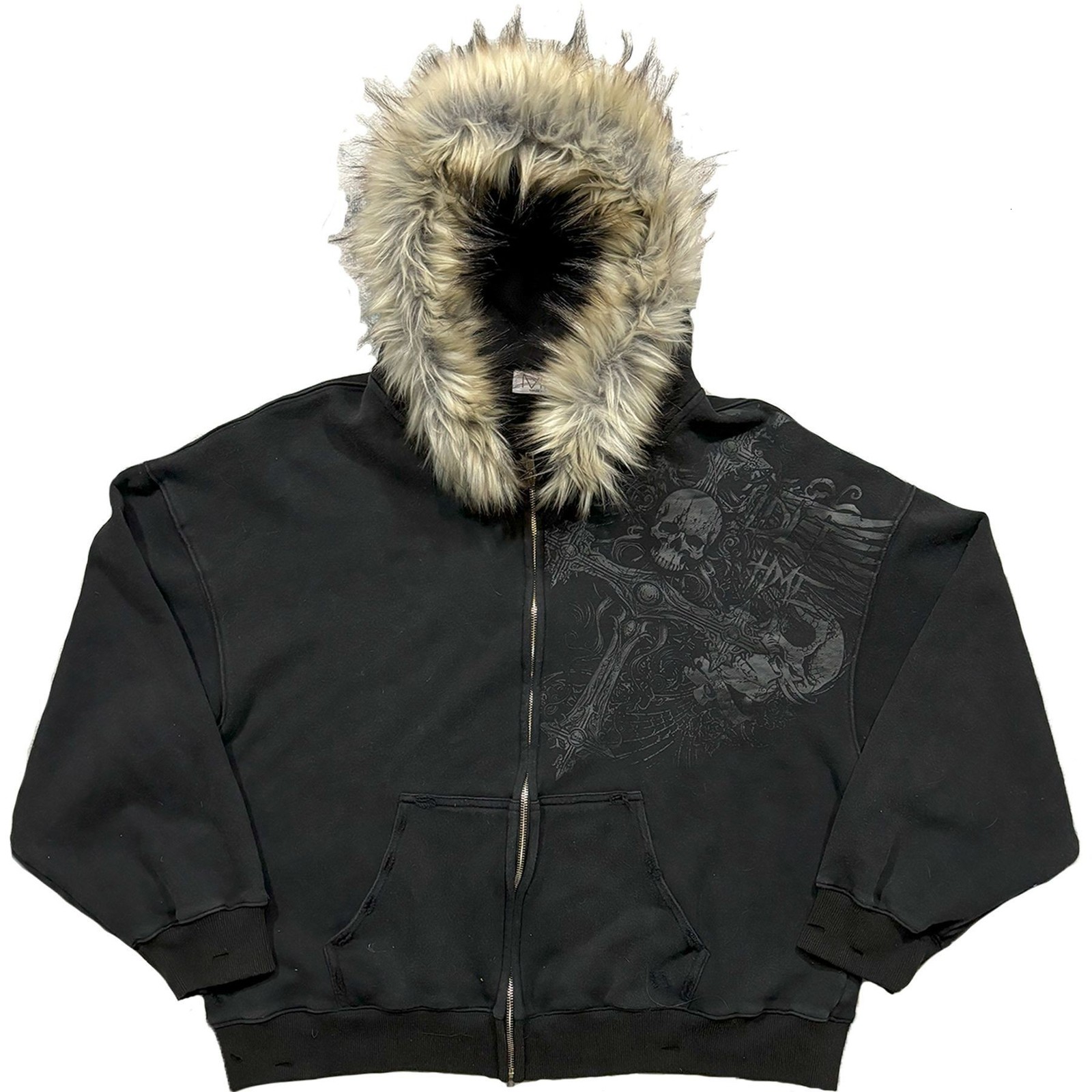 2025 Street fashion Winter personality print zipper hoodie for men Y2k Harajuku vintage fur collar warm loose jacket 250102 3b