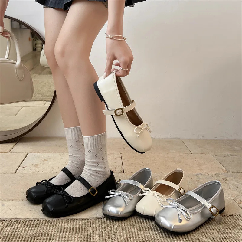 ner Silvery Women Ballet Flats Shoes Concise Round Toe Elegant Soft Sole Mary Jane Shoes 250717