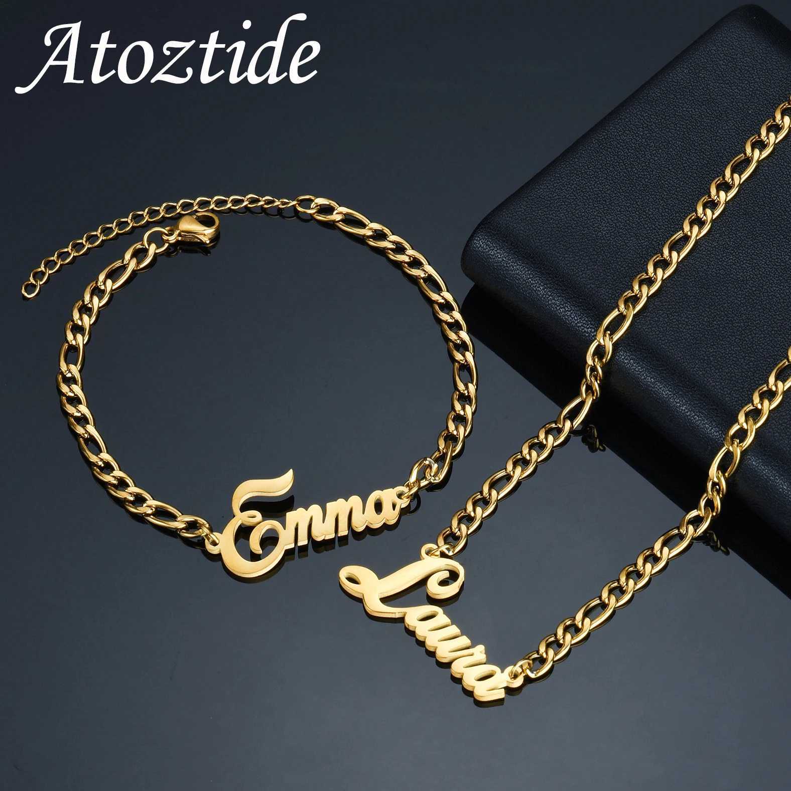 Atoztide Personalized Custom Name Bracelet Necklace Jewelry Set Figaro Chain Pendant Stainless Steel For Women Men Birthday Gift X250718