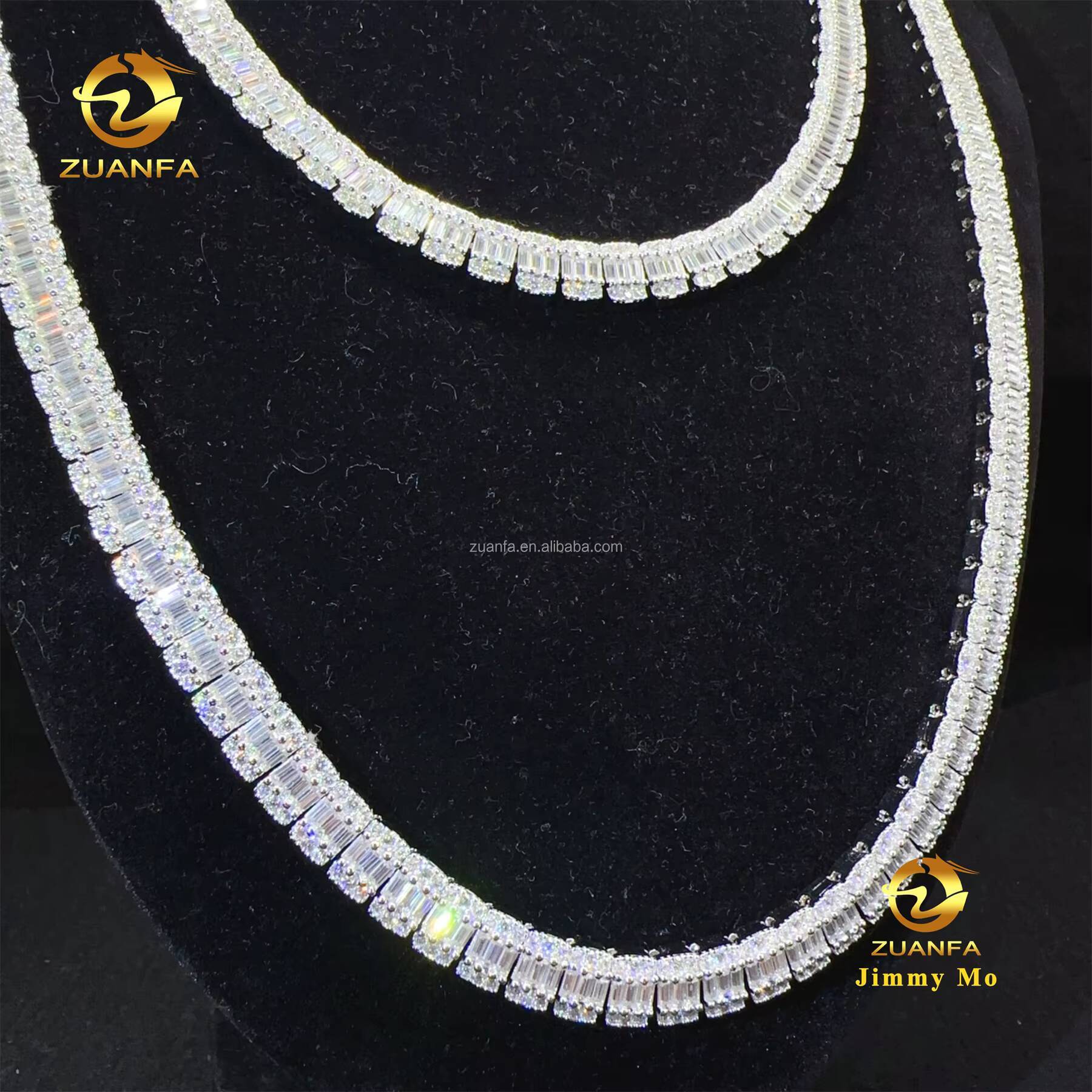 New Design Hip Hop Style Jewelry Iced Out 925 Solid Silver Rhodium Plated 8mm Baguette Moissanite Diamond Cluster Tennis Chain