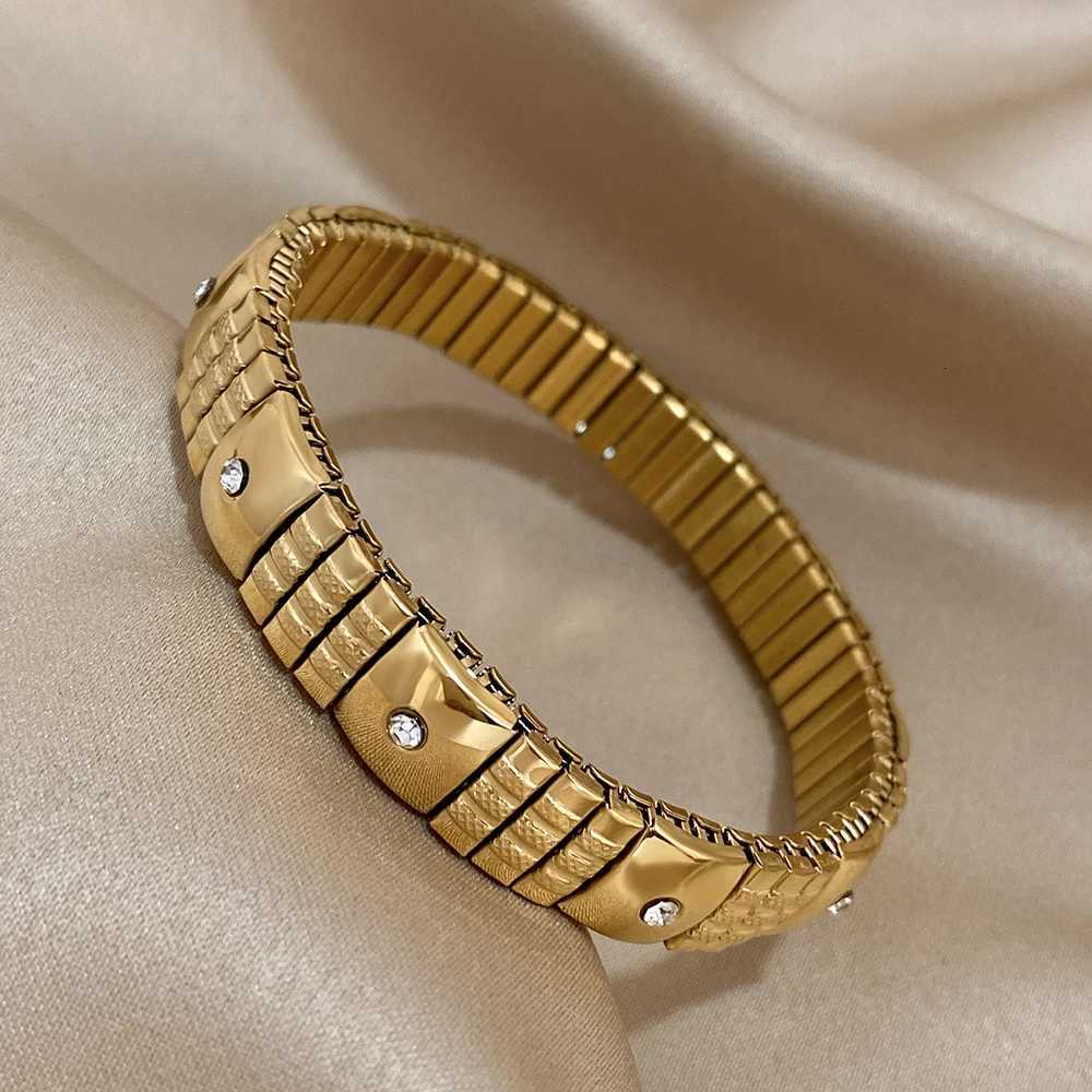 ALL New Gold Plated Stainless Steel Elastic Bangle Bracelet for Women Vintage Inlaid Rhinestone Adjustable Watchband Jewelry X250718