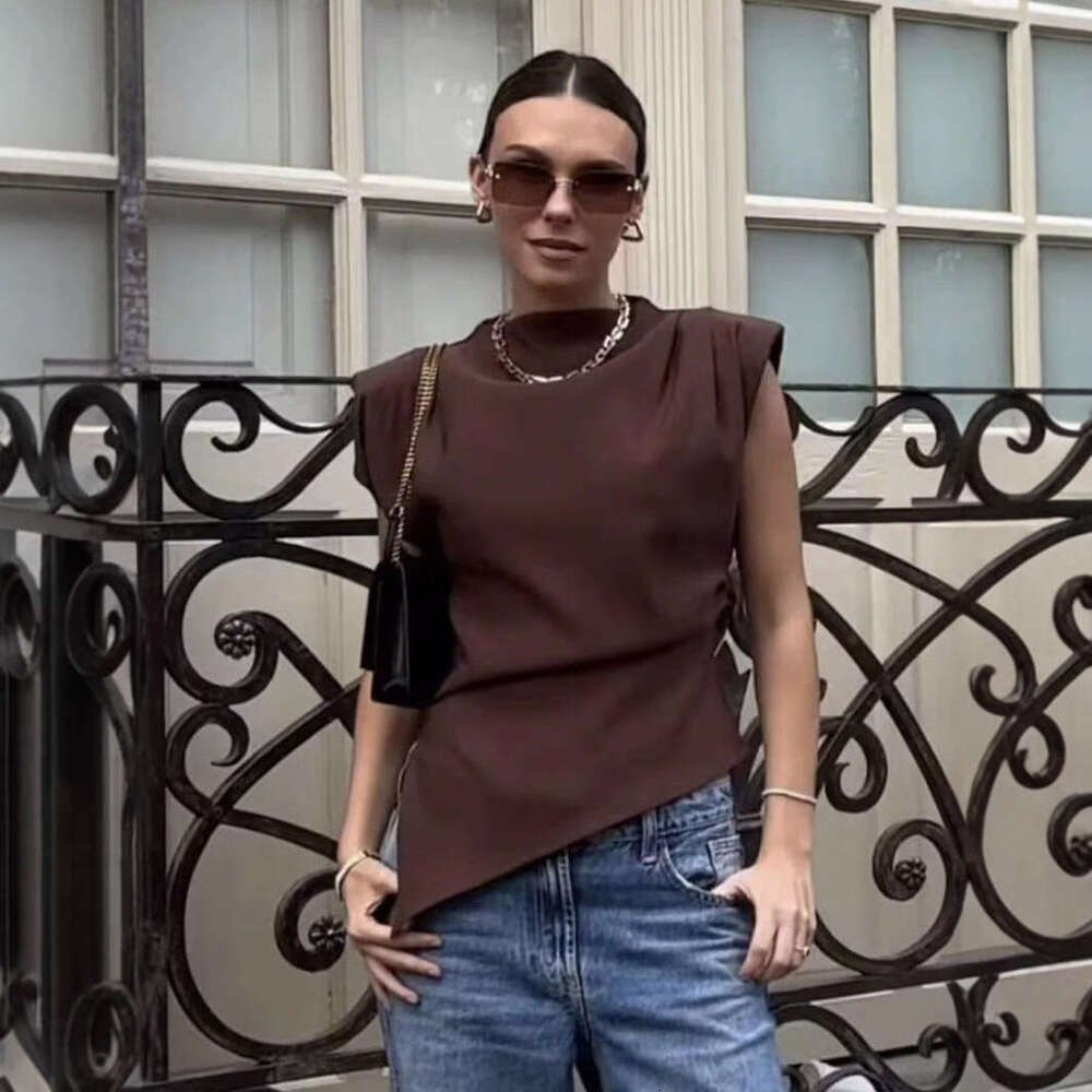 TRAFZA Women's Spring New Fashion Pleated Decorative Asymmetric Padded Shoulder Blouse B5