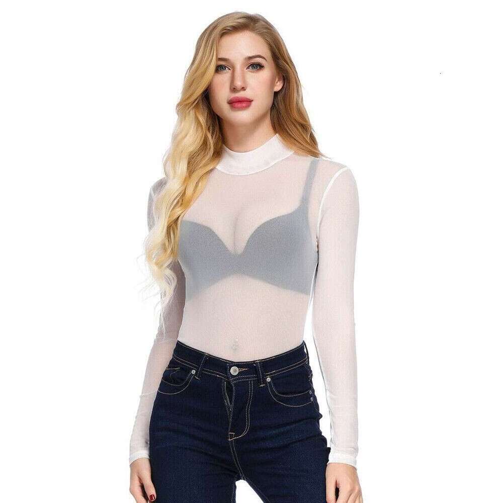 Summer Women's Sexy Ultra-Thin Mesh Stretch Tight-Fitting Long-Sleeve Half-High Collar Base Shirt B5