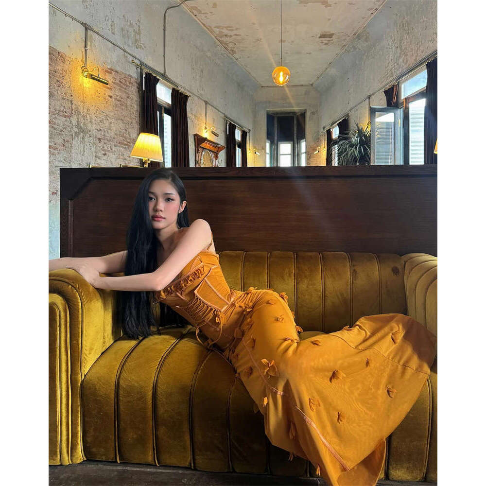 Spring Summer New Women's Vietnamese Niche Fishbone Strap Mesh Waist Slimming Floral Gown Long Dress B5