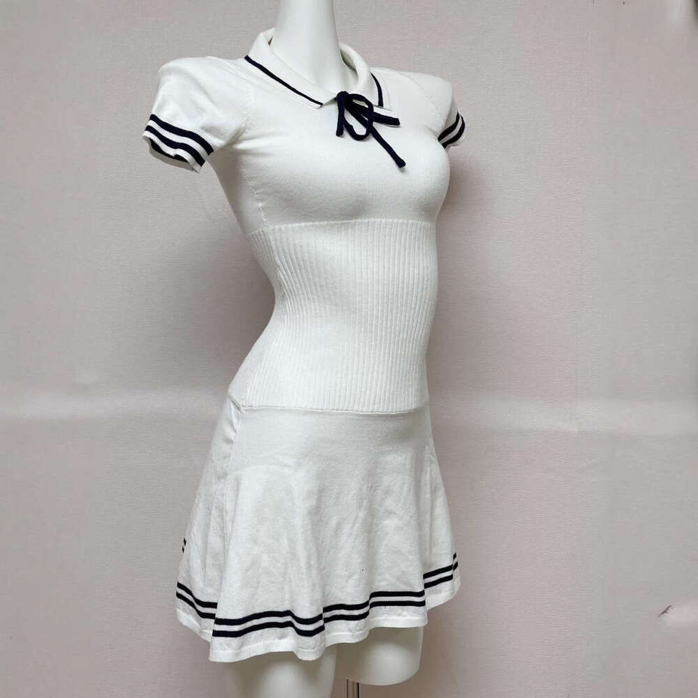 Yu Shuxin Same Summer New College Style Striped Knitted Short Sleeve Girl Polo Collar Dress A-Line Skirt B5