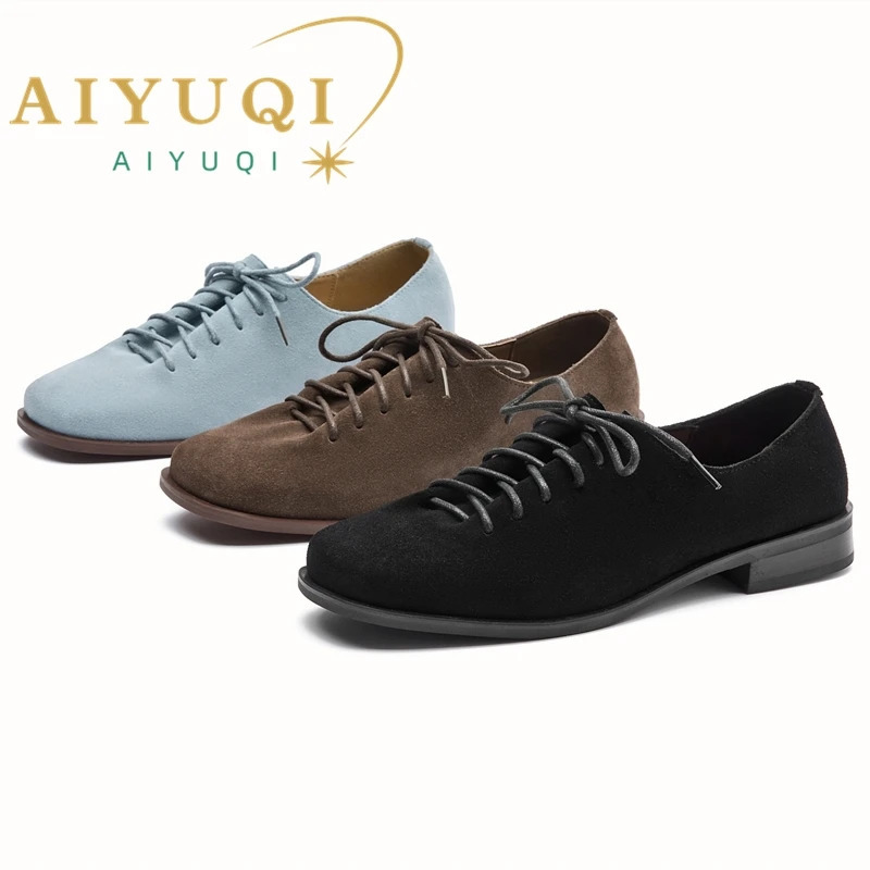 Women Loafer Lace-up 2025 Spring Shoes Women Suede Genuine Leather Women Oxford Shoes Large Size British Style Women Shoes 250717