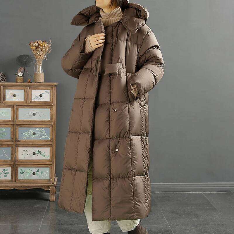 Schinteon Women Down Jacket Casual Loose Over Size Autumn Winter Warm Thick Long Outwear With Removable Hood Solid Color Coat MDNG