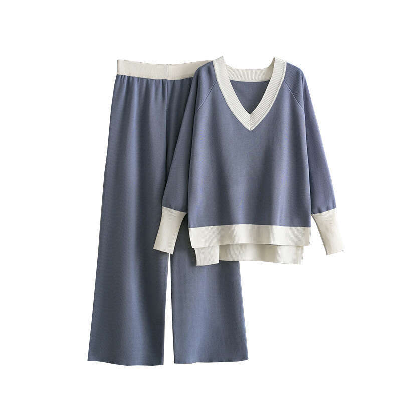 Fashion Casual for Women 2024 Autumn Winter New V-neck Color-block Knit Sweater Loose Wide-leg Pants Two-piece Set
