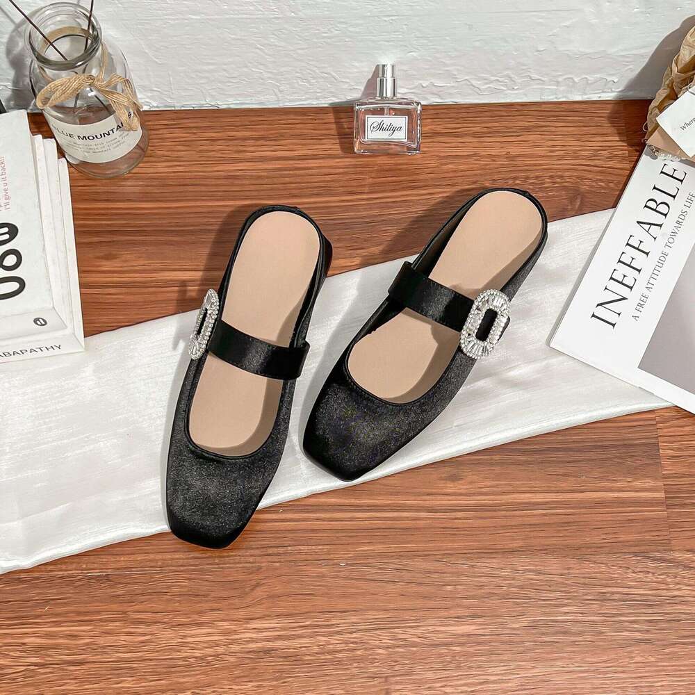 Designer Sparkling Diamond Buckle Small Square Toe Wide Strap Commuting Versatile Low Heel Elegant Half Slip-On Women's Closed-Toe Lazy Shoes