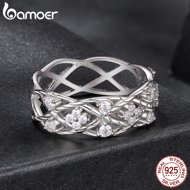 BAMOER Lucky Clover Moissanite Ring Vintage Vine Cross Hollowed Wide Band Ring for Women Engagement Jewelry Eternal Elegant Gift