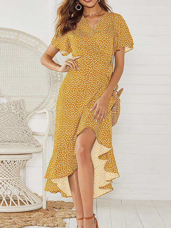 Women's Sexy V-Neck Irregular High-Waist Tie Chiffon Printed Sweet Temperament Dress B5