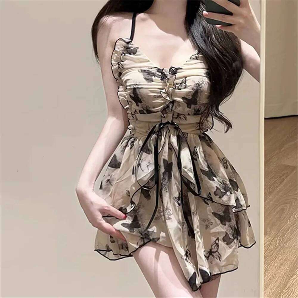 Vintage Butterfly Print Korean Swimwear Backless One Piece Swimsuit Holiday Mini Dress Culottes Ruffled Mesh Bodysuit Beach Wear