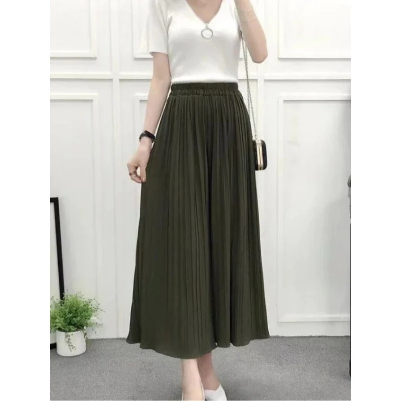 Summer Womens Pants Korean Fashion Solid Elastic Waist Pleated Loose Skirt Plus Size Casual Wideleg Cropped 250714