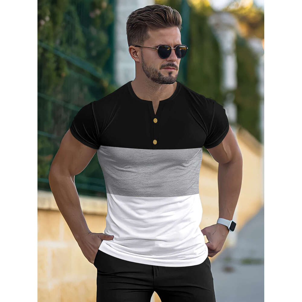 New Button Round Neck Short Sleeve Summer Casual Sports Three-Color Patchwork Men's T-Shirt Henley Shirt B5