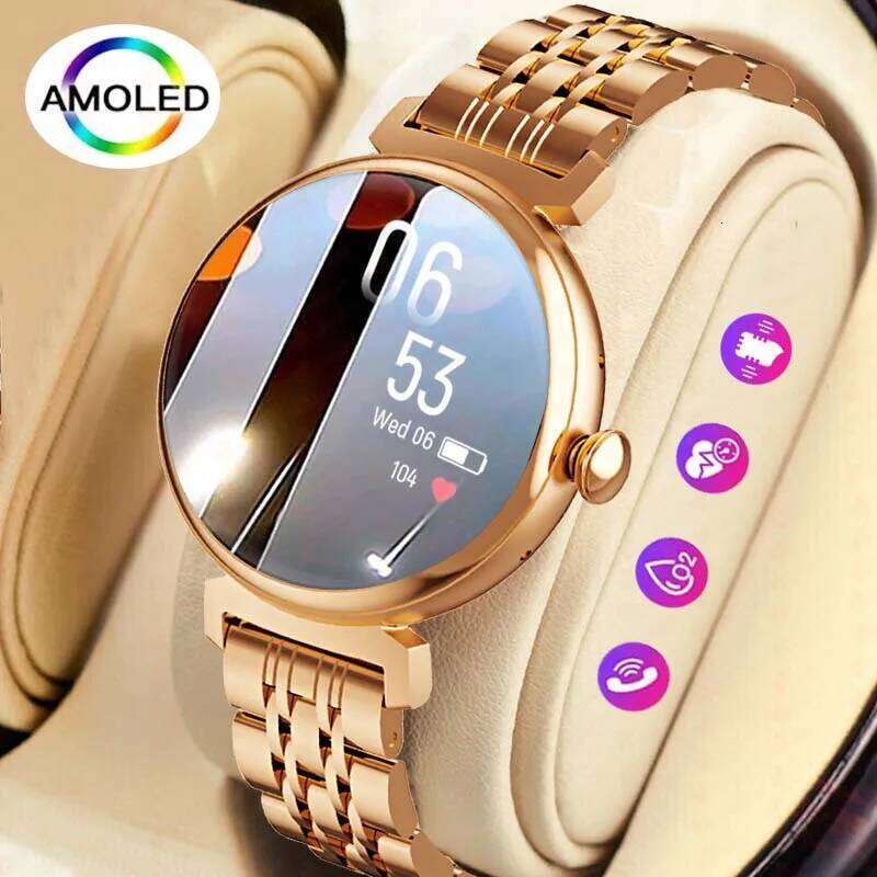 1.04 inch AMOLED Fashion Ladies Smart Always Display Bluetooth Call Smartwatch Metal Body Small Screen Watch free shipping