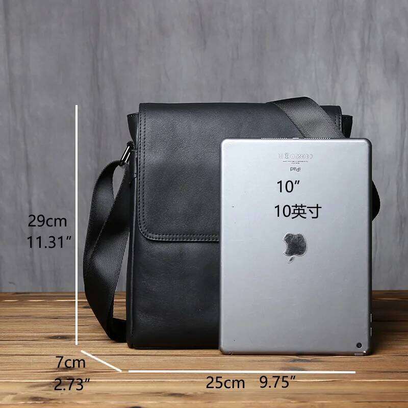 Nzpj-Leather Shoulder Bag For Men, Natural Cowhide, Vertical Crossbody Bag, Casual, Large Capacity, Flip, Zipper, 10 ", Ipad MDNG
