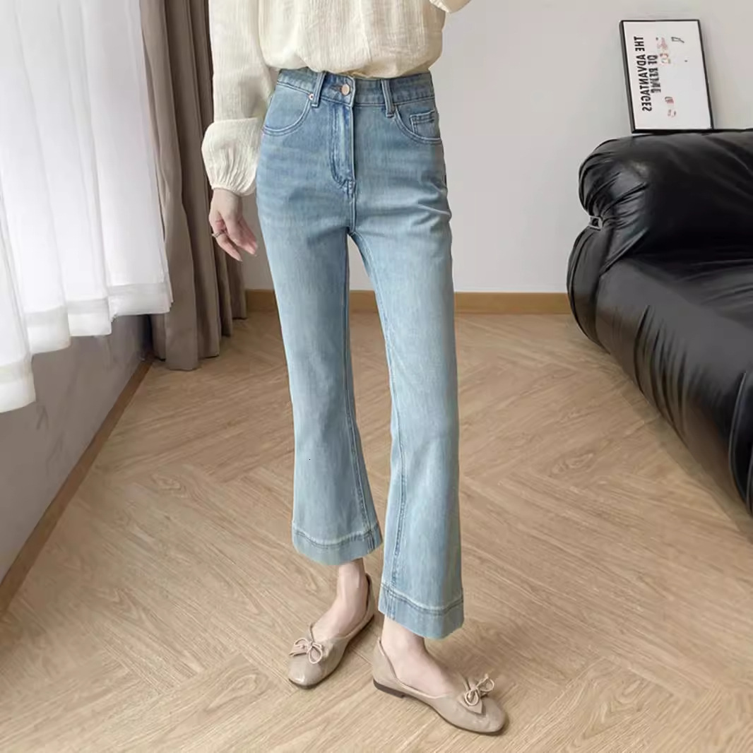 Light Blue Four-Way Stretch Thin Flared Jeans Women Summer Plus Size Casual Straight Pants for Petite Girls