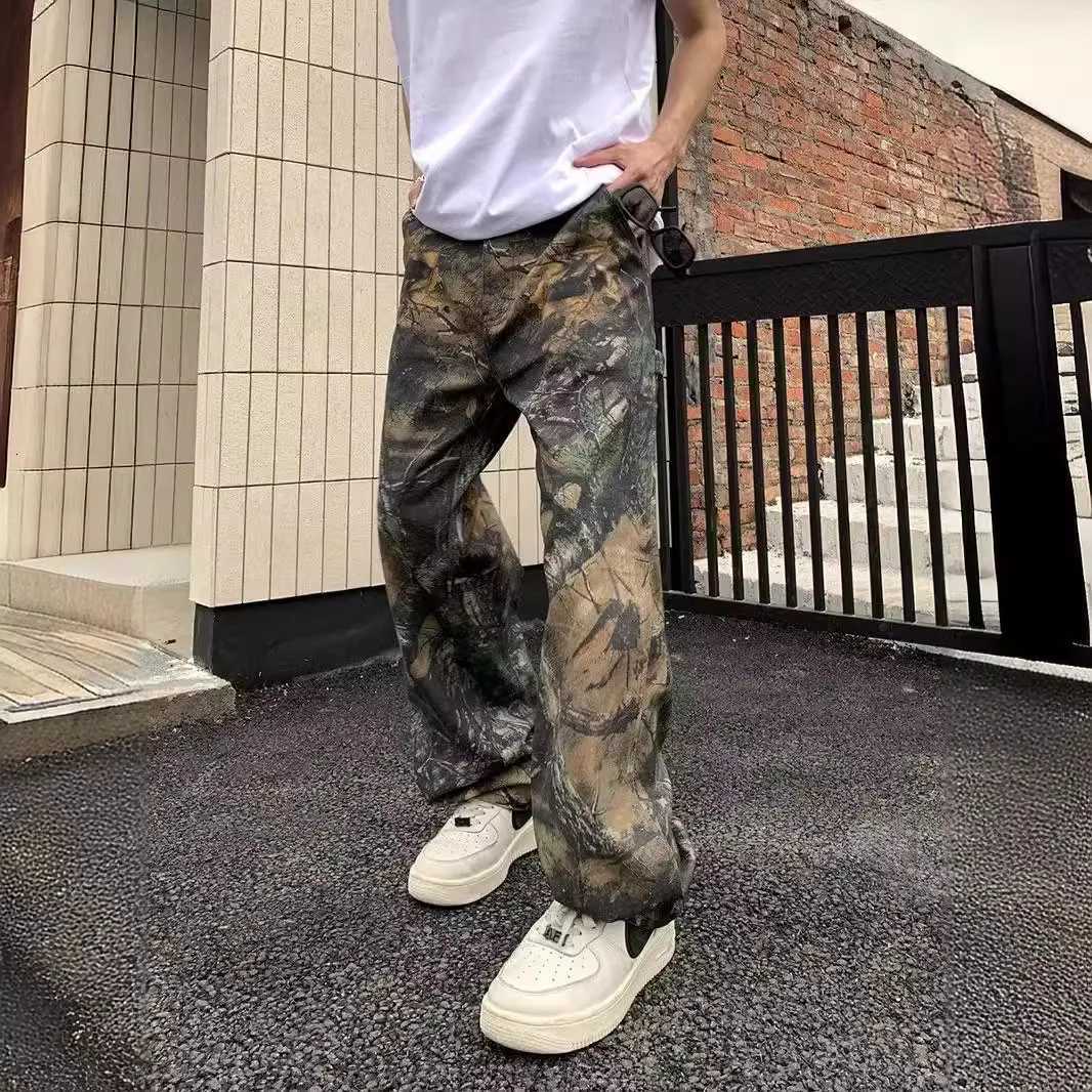 2024 Fashionable Mens Work Jeans with European and American High Street Washed Spliced Camouflage Leaf Print. X250718