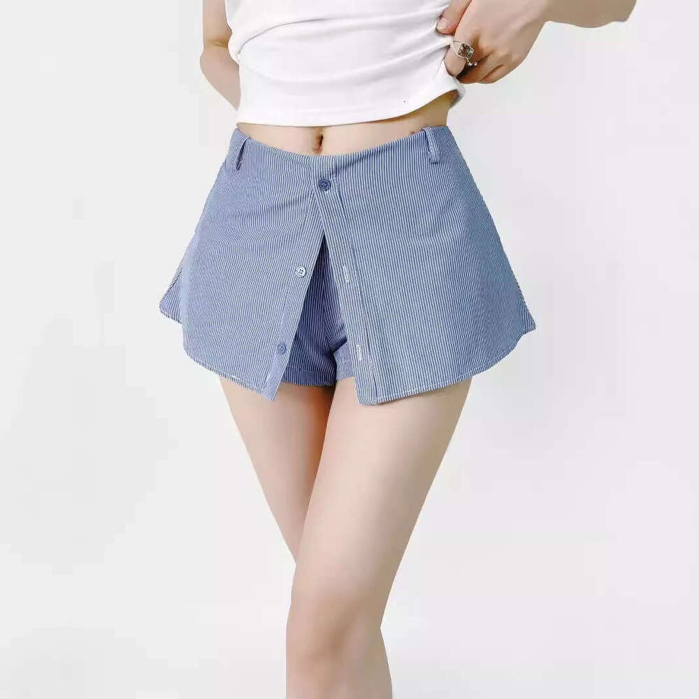 College Hem Anti-Exposure Shirt Half Pants Women Summer American Style Versatile Striped A-Line Short Skirt B5