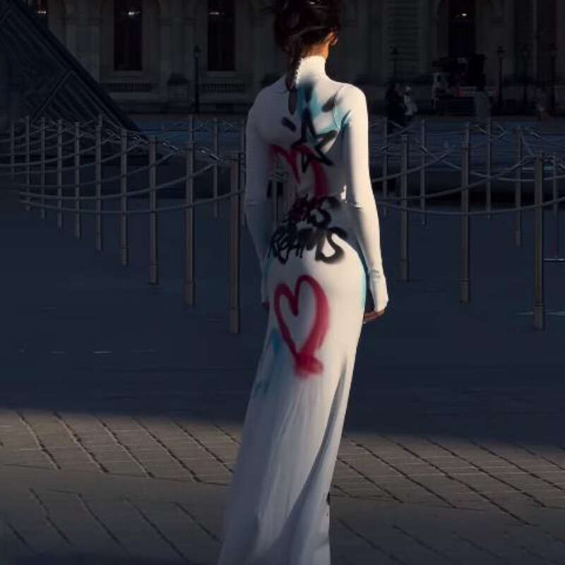 Summer Women's New Fashion High Neck Color Block Graffiti Sleeve Bodycon Long Dress B5