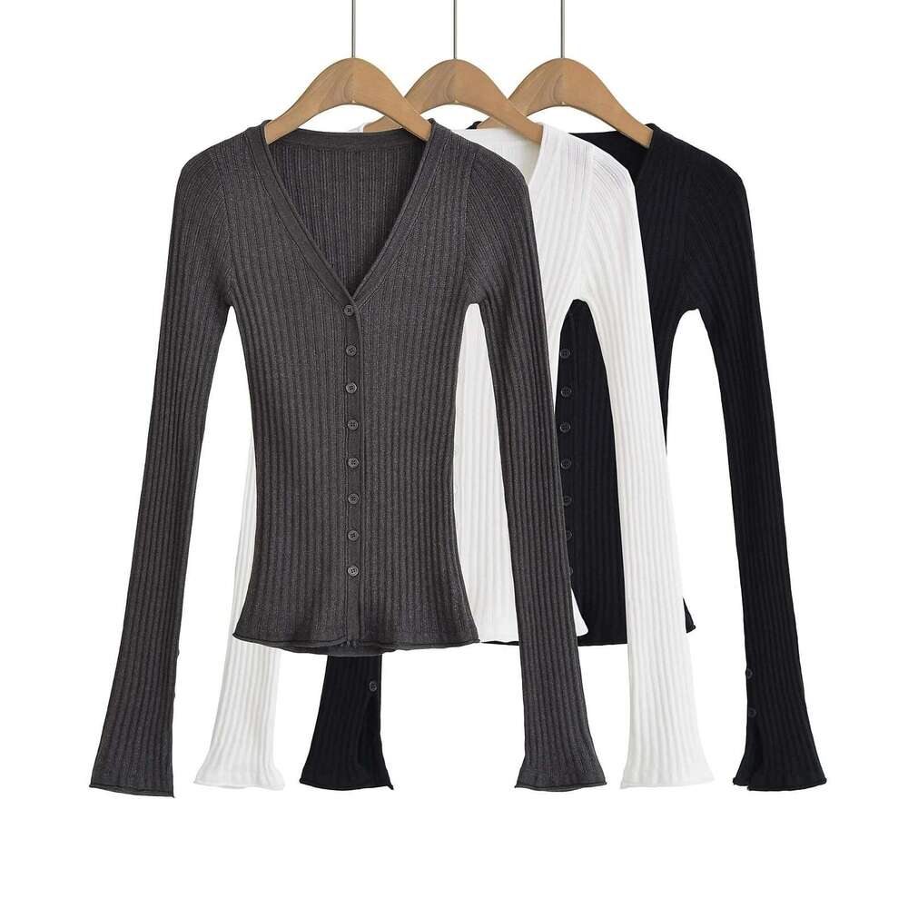 V-Neck Elegant Design Knitted Cardigan For Women Slim Fit Thin Base Shirt Early Autumn Top B5 g5