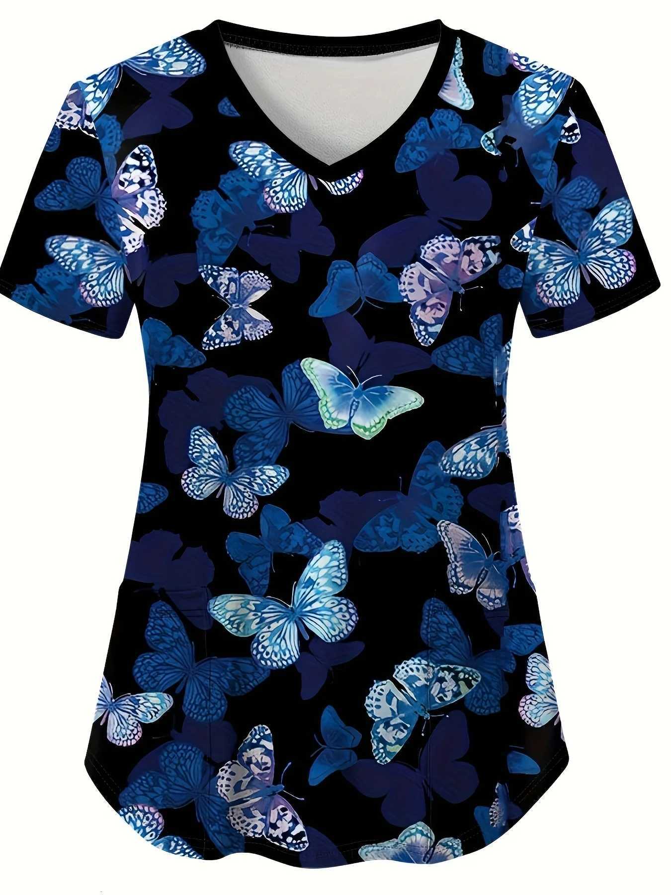 Medical Clothes Elegant Butterfly Print V-Neck Surgical Uniform Woman Short Sleeve Color Patch Pocket Top Clinical Uniform Woman Z250718