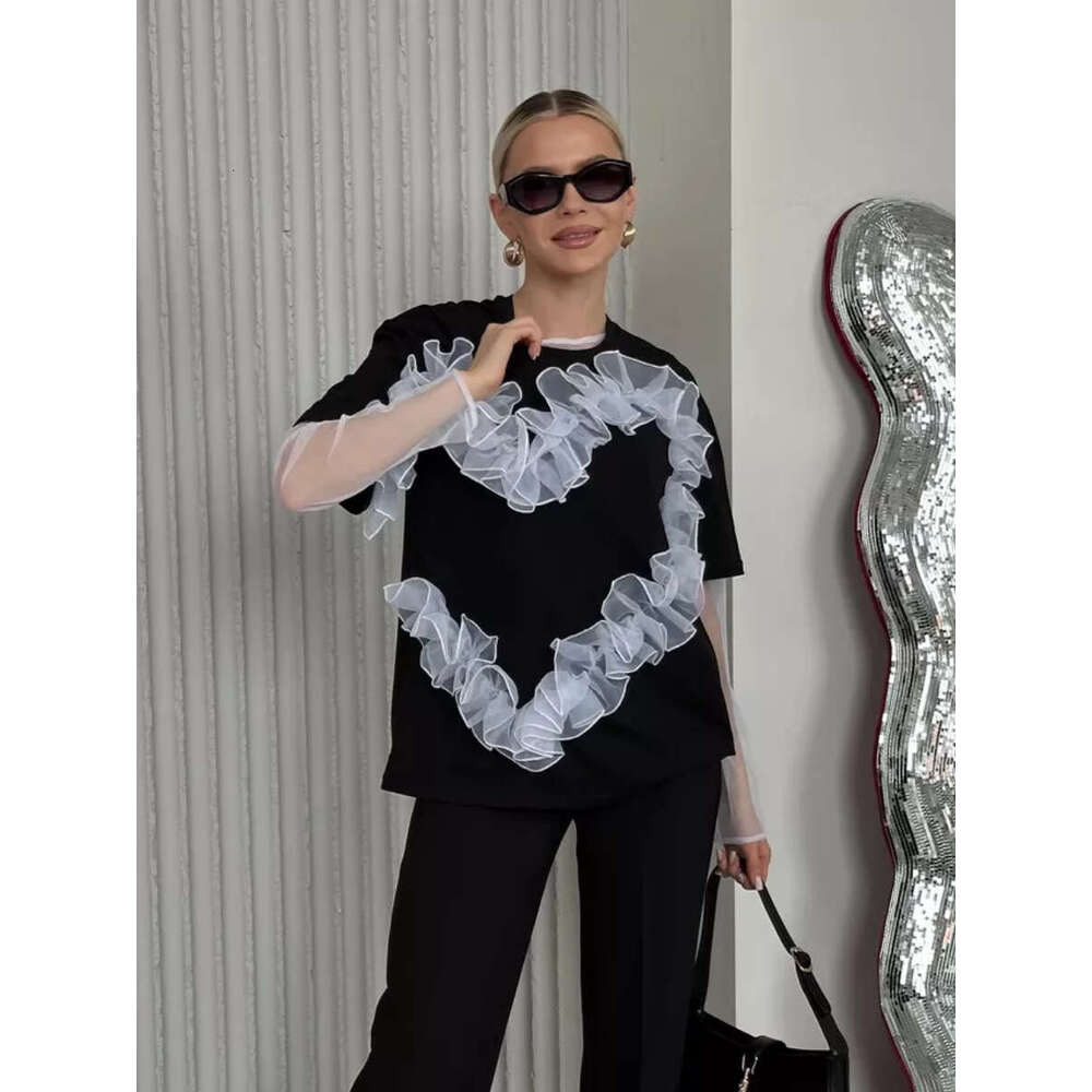 Heart-Shaped Organza Ruched Patchwork T-Shirt For Women Fashionable Ins Style Round Neck Loose Cotton Top B5