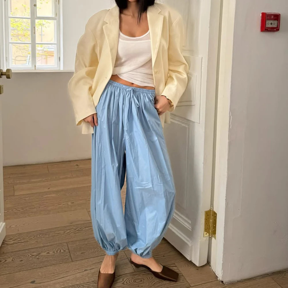 Talenza Female Fashion Trousers Summer Loose Pleated High Waist Solid Patchwork Casual Wide Leg Pants 2025 Women 250714