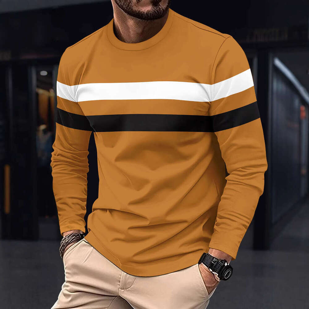 Spring And Autumn Men's Long Sleeve New Color Block T-Shirt Trendy Casual Sports Outerwear Crew Neck Base Shirt Top B5