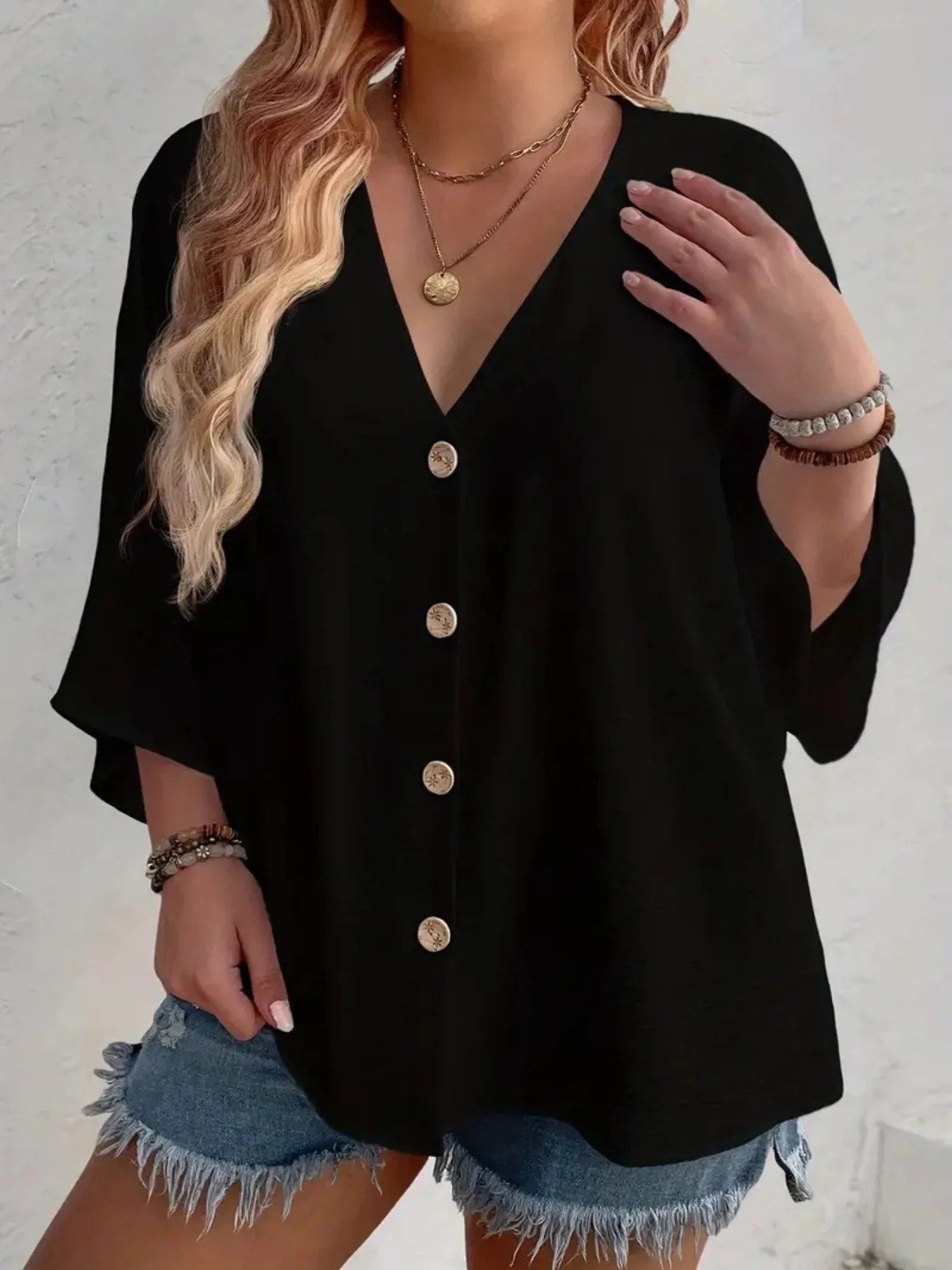 Plus Size 2025 Fashion Womens Tops Loose VNeck Long Sleeve TShirt Spring Summer Elegant Solid Color Casual Blouse 250707
