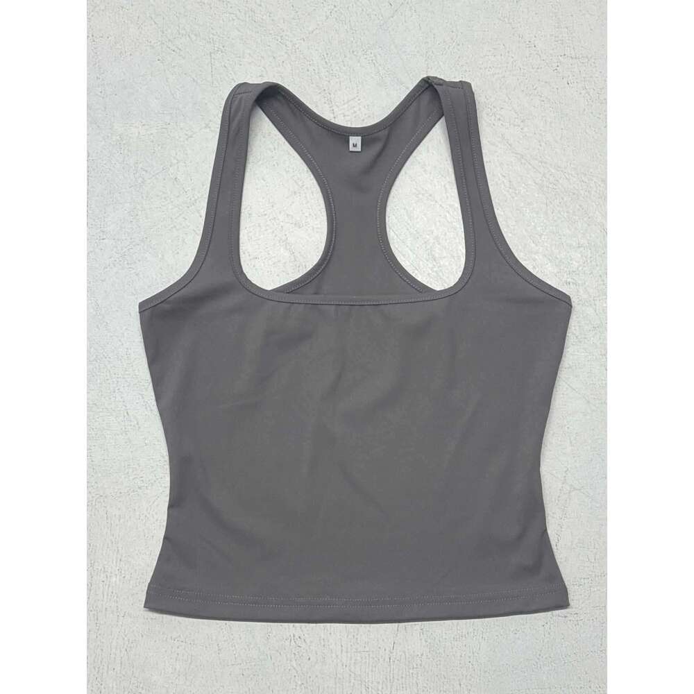 Women's Summer Outer Wear Ribbed High Elastic Racerback Square Round Neck Vest Fitness Yoga Top B5 g7