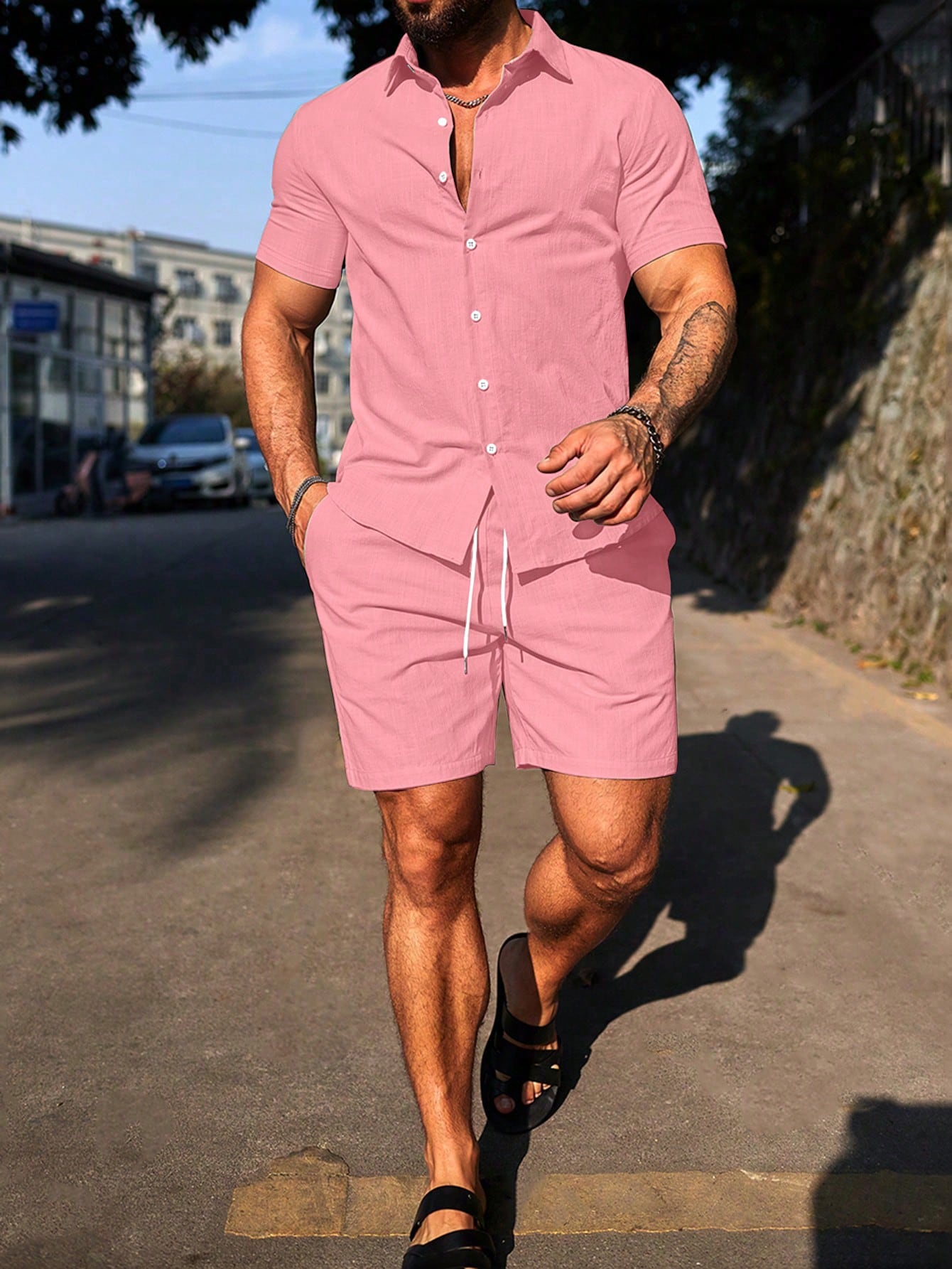 Men's Plain Color Single-Breasted Short Sleeve Shirt And Shorts Casual Suit Men Summer Outfits Men Casual Summer Outfit Summer Vacation Outfits M