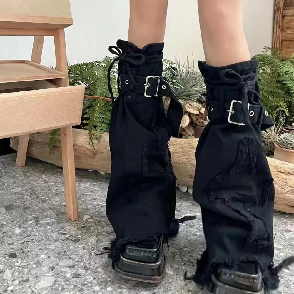 Fashion Y2k Leg Warmer Punk Harajuku Black Denim Leg Covers Vintage Drawstring Strap Boot Socks 250717