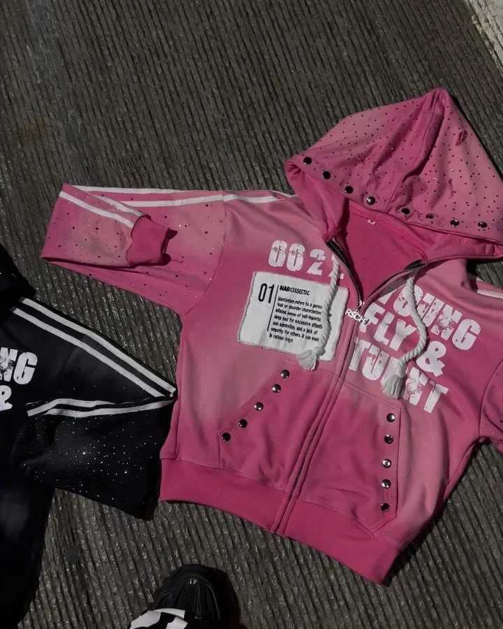 2K Retro Goth Women Embroidered Zip Hoodie Rock Harajuku Men Women Streetwear Punk Hip Hop Washed Hoodie K Pop Clothes X250718