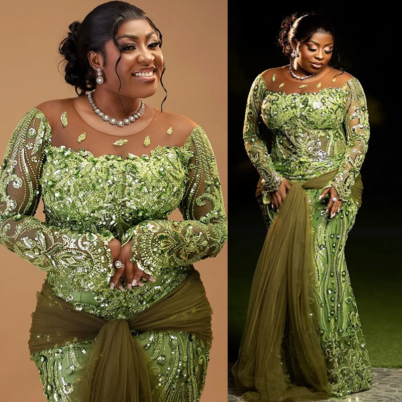 2025 Plus Size Green Aso Ebi Prom Dress Mermaid Prom Dresess Evening Formal Gowns Sheer Neck Beaded Lace Birthday Second Reception Gown For Black Wome