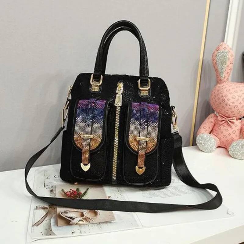 Sequin women's bag2024 New Trendy Women's Fashion Casual Contrast Color Hot Rhinestone Shoulder Crossbody Three-purpose Bag high-quality